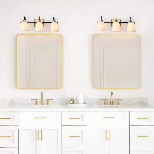 Modern Classic 3-Light Matte Black and Plating Brass Vanity Light with White Cone Fabric Shades