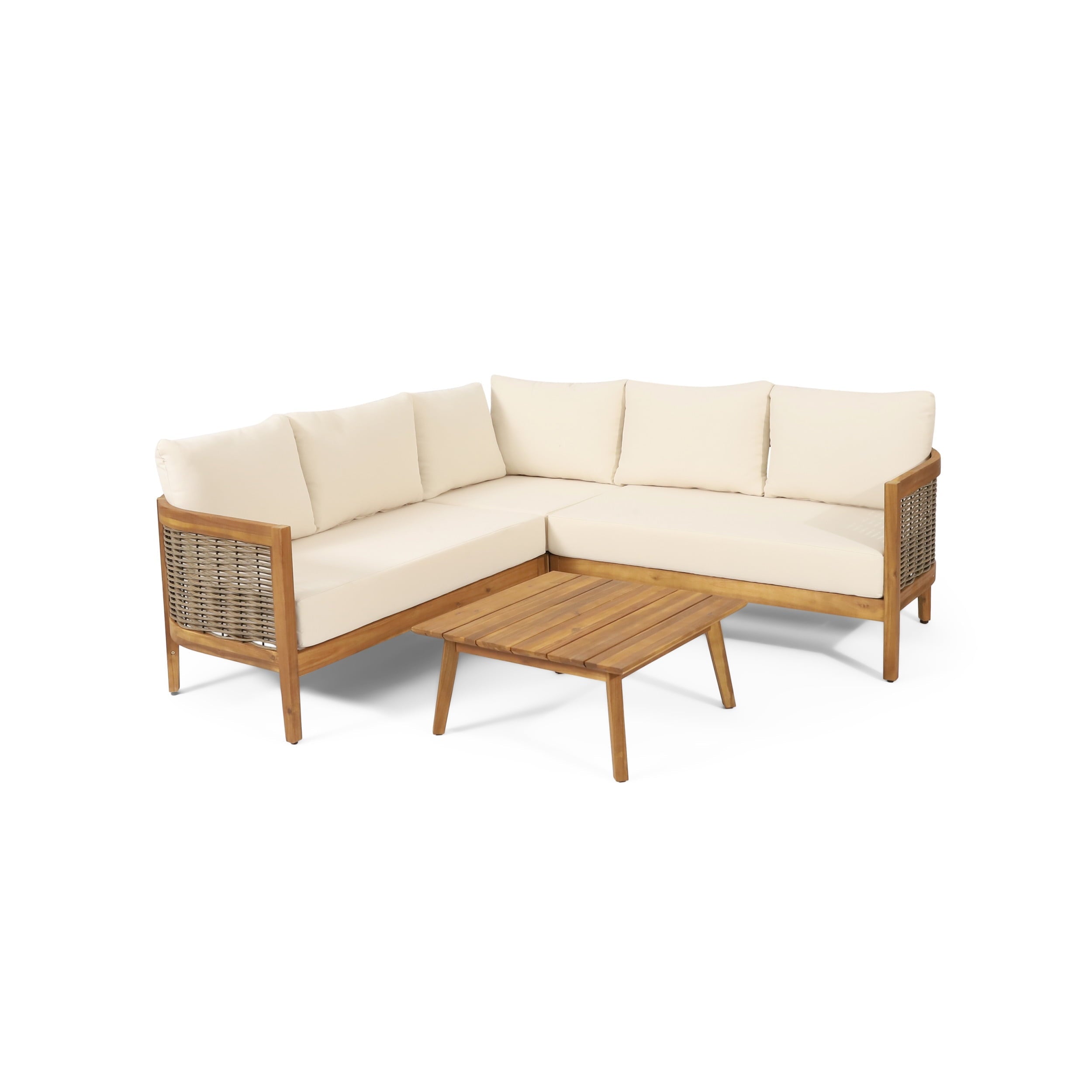 Rattler Acacia Wood and Round Wicker Outdoor 5 Seater Sectional Sofa Chat Set with Cushions, Teak, Mixed Brown, and Beige