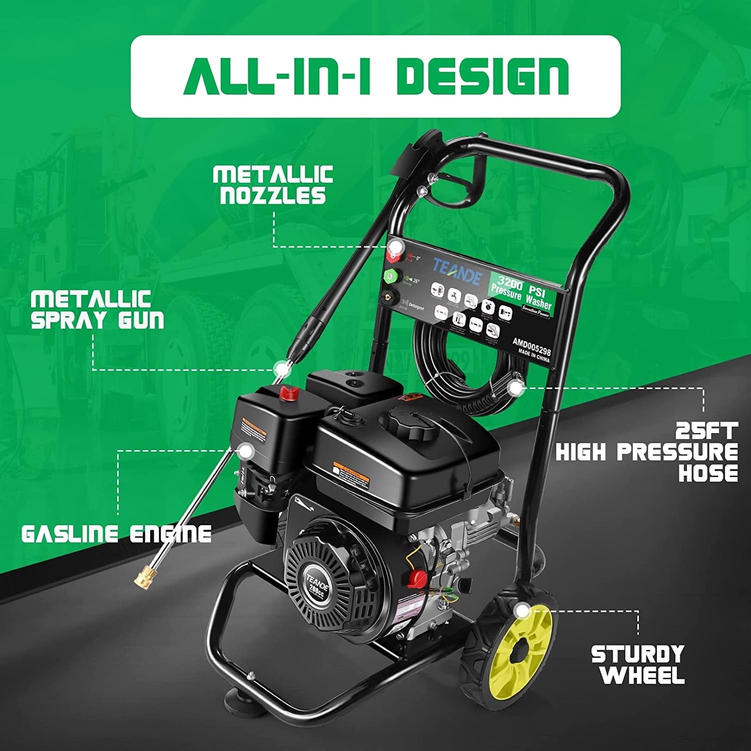 TEANDE Gas Pressure Washer Powered, 2.6 GPM 209cc 7.0 HP Power Washer with 3 Quick-Connect Nozzles, 25’ Hose for Cars, Driveway, Patio, Siding, Fence Cleaning