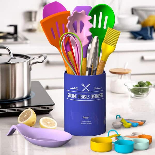 33-Piece Silicon Cooking Utensils Set with Wooden Handles and Holder for Non-Stick Cookware, Colorful