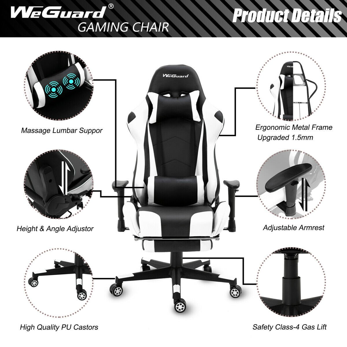 Gaming Chair with Footrest and Ergonomic Lumbar Massage Pillow PU Leather Office Chair