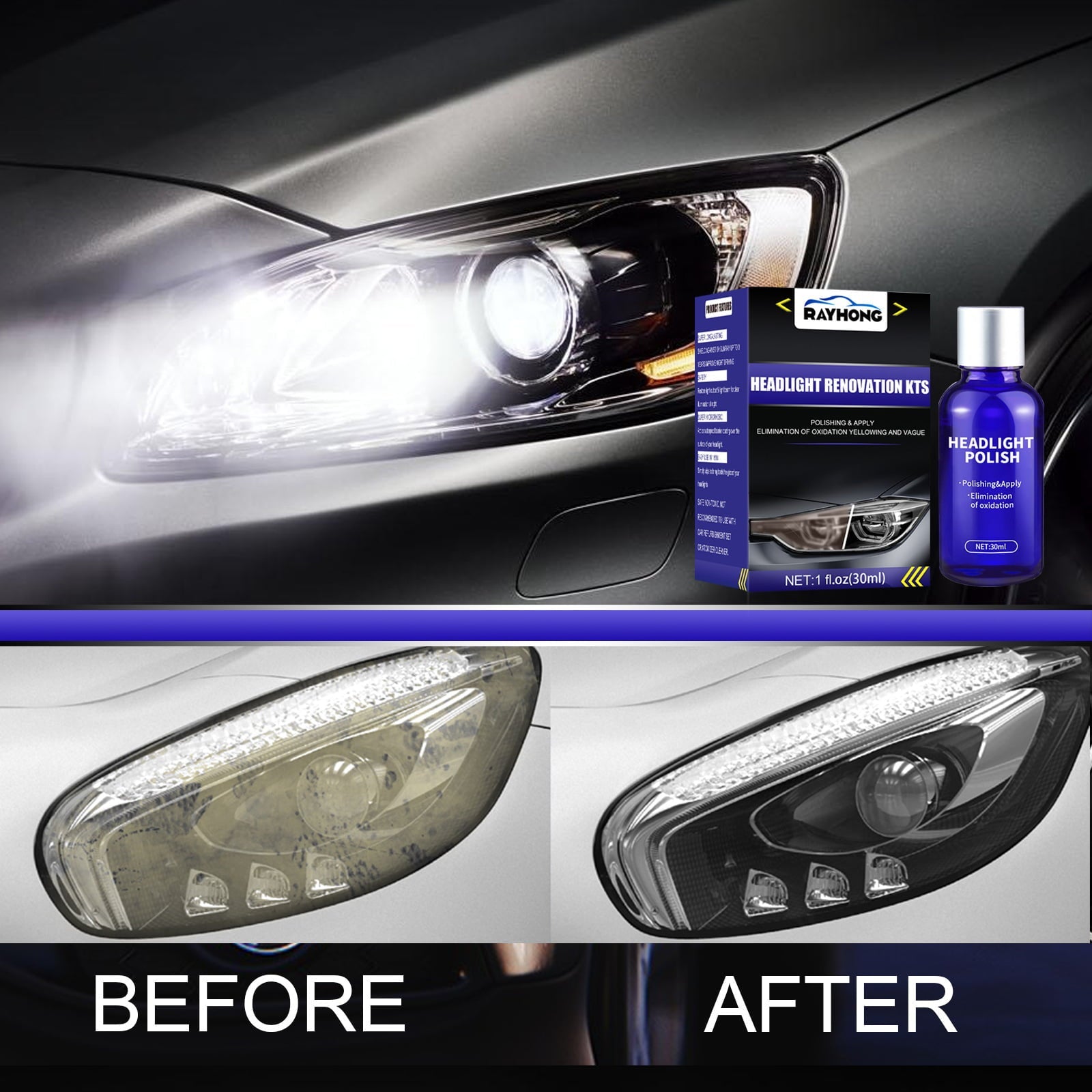 Headlight Restoration Kit, Heavy Duty DIY Headlight Repair Kit to Remove Yellow Gaze, Sand, Refine,Polish