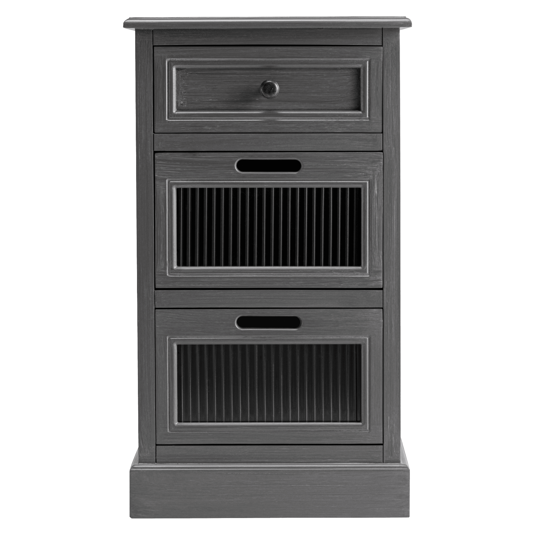 COZAYH Mid Century Modern Nightstand, Fully Assembled Nightstand with 3 Reeded Glass Front Drawers, Distressed Gray Nightstand with Antique Brass Knob and Metal Glide, 27.5” Tall