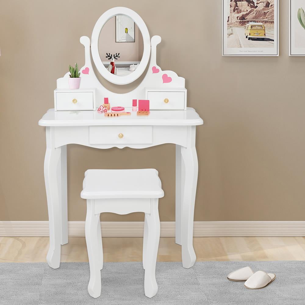 BaytoCare Kids Vanity Table Wooden Dressing Table with Stool and Drawer