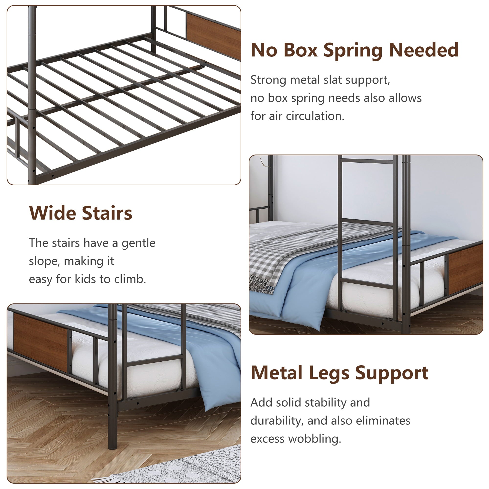 Full Over Full Metal Bunk Bed, HSUNNS Industrial Metal Low Bunk Bed for Kids Full Over Full, Modern Kids Convertible Bunkbed with Ladder, Guardrail, No Box Spring Need, Load-Bearing 400lb, Noise Free