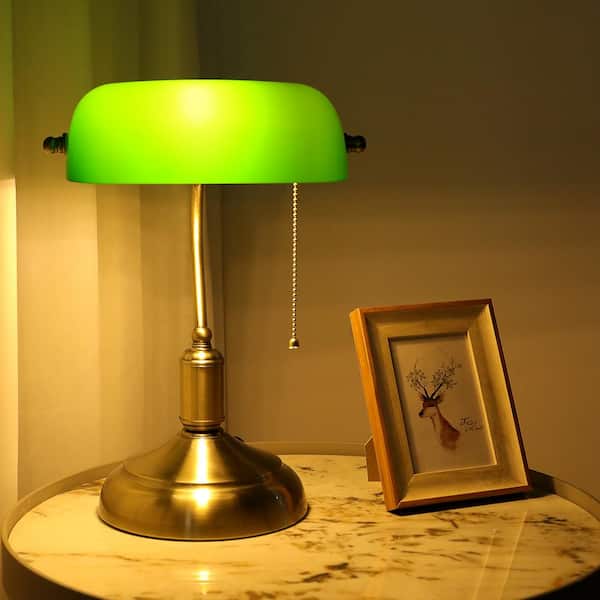 15 in. Antique Brass Indoor Adjustable Height Bankers Desk Lamp with Green Glass Shade