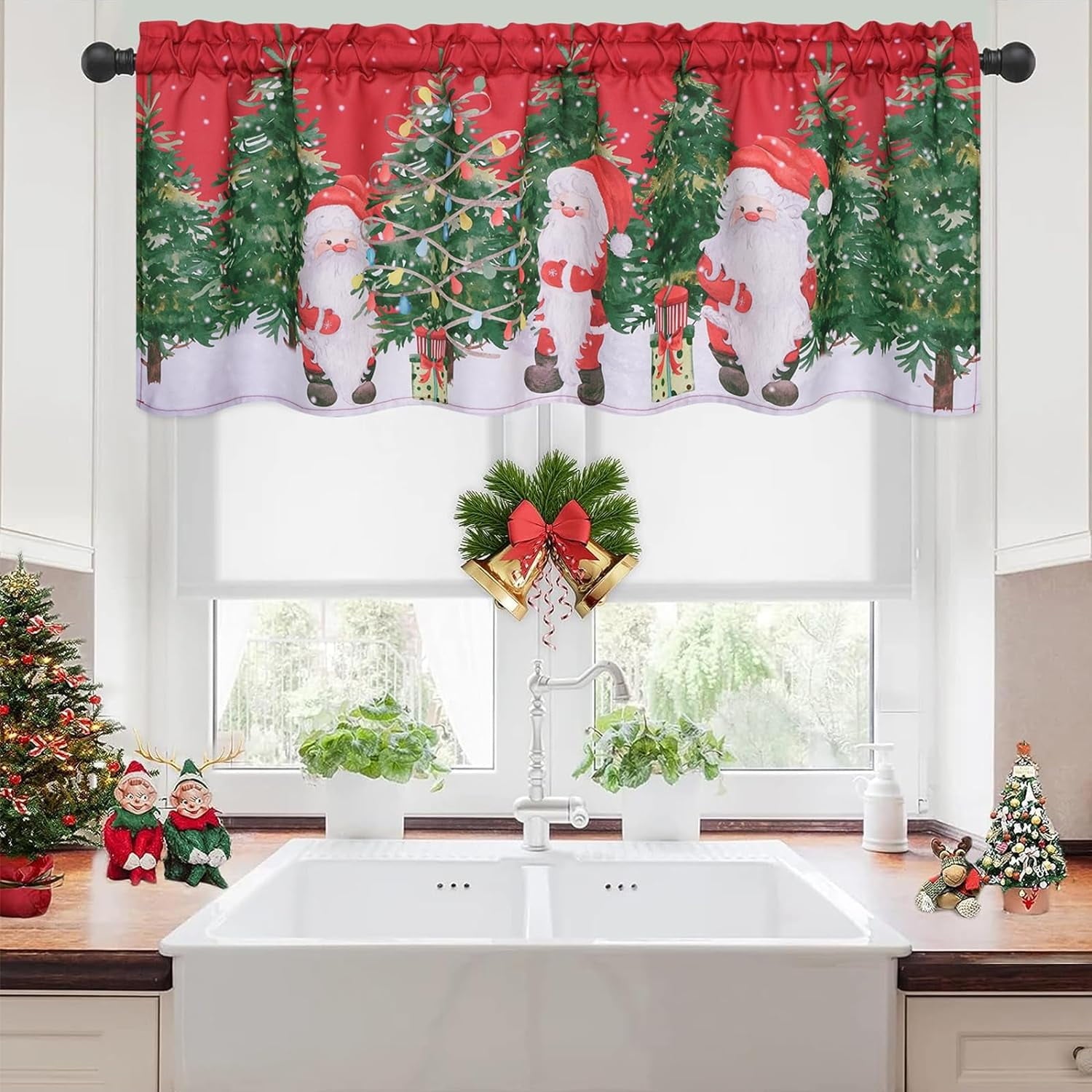 Alishomtll Christmas Valance Curtains Santa Claus Kitchen Curtains Holly Tree Window Valances Rod Pocket ,52
