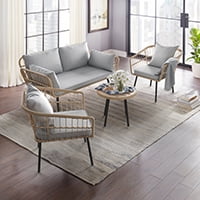 Dextrus L-Shaped Patio Sofa, All-Weather Wicker Patio Conversation Set with Tempered Glass Table & Cushions
