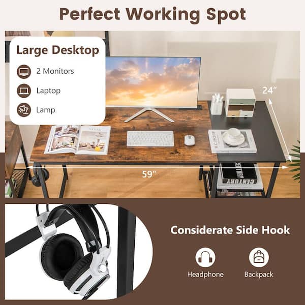 59 in. Rectangular Brown Wood Home Office Computer Desk Study Laptop Table Detachable Shelf