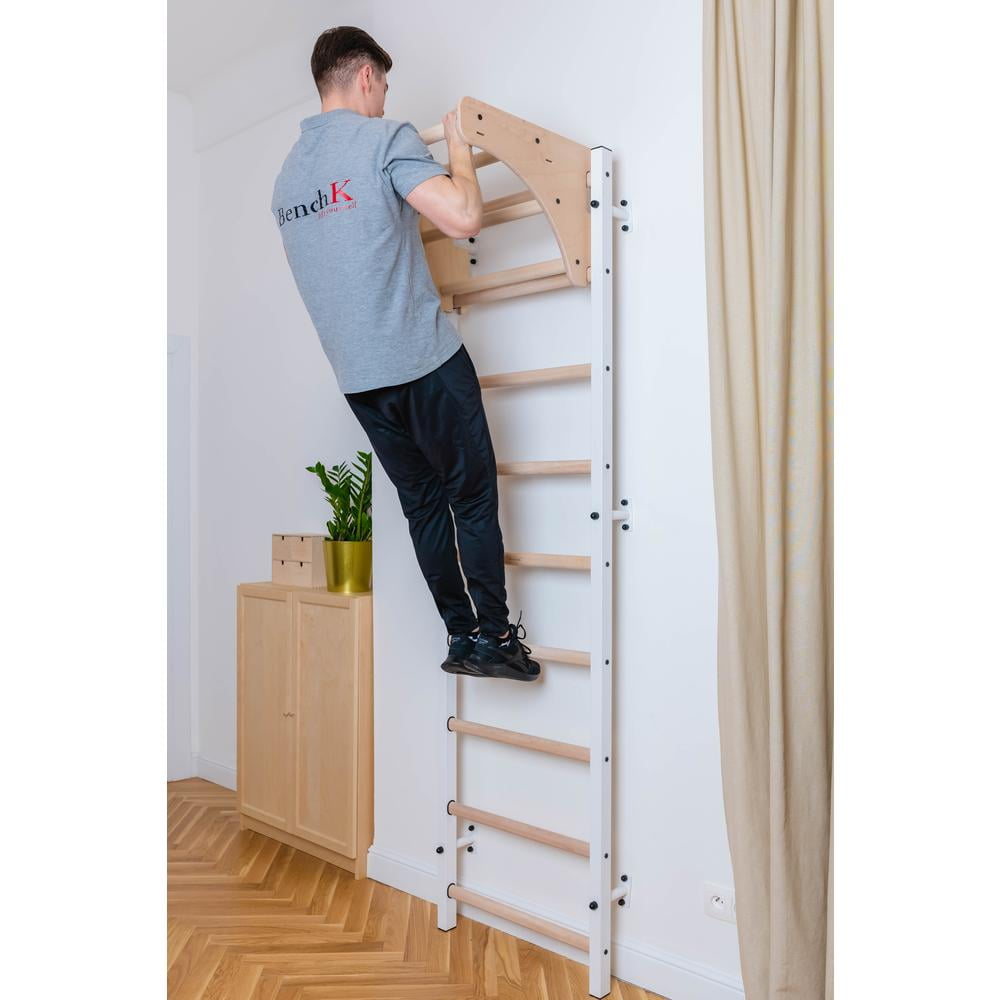 BenchK 711 White wall bars with adjustable solid beech wood pull-up bar