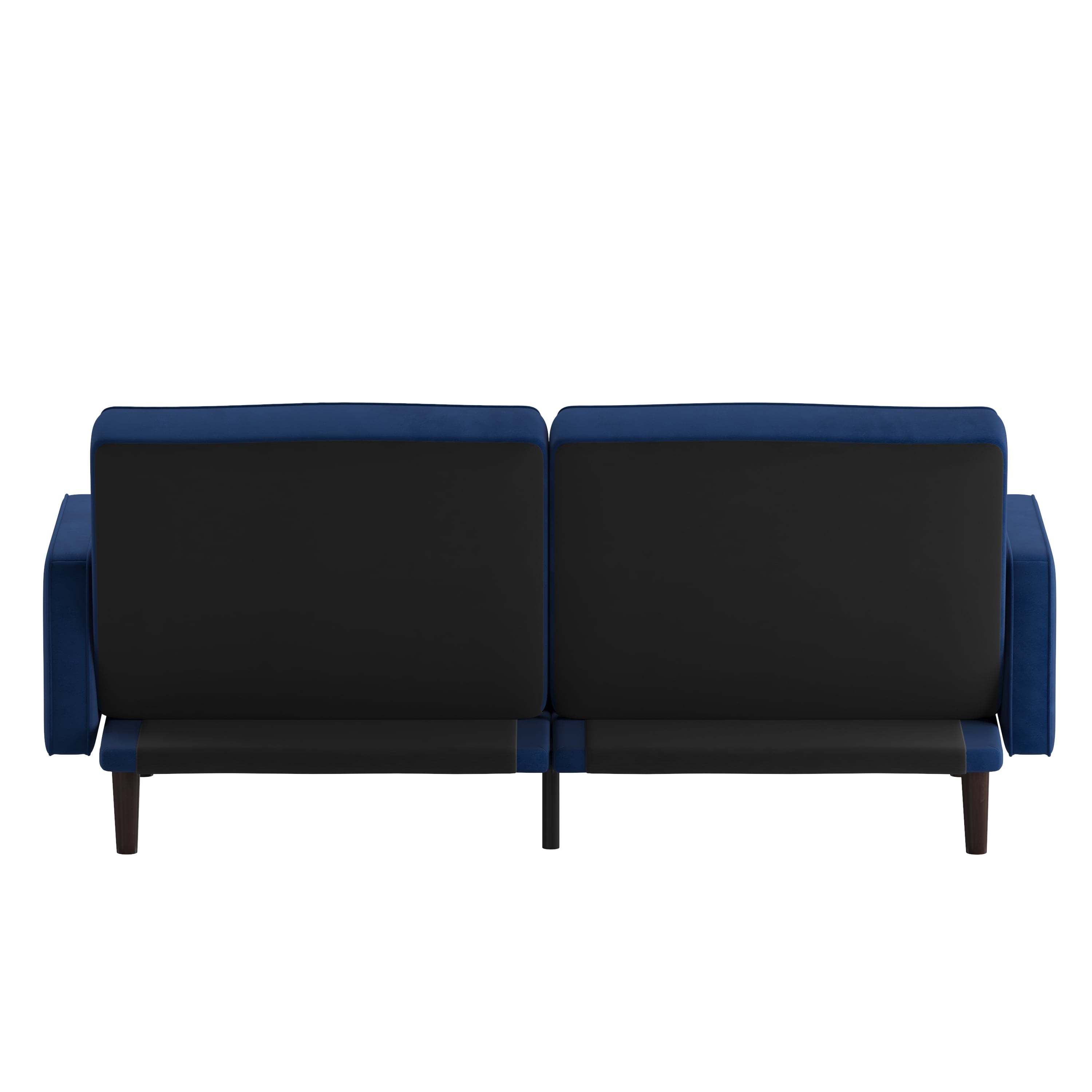 Emma + Oliver Plush Padded Velvet Upholstered Split Back Sofa Futon with Vertical Channel Tufting and Wooden Legs in Navy