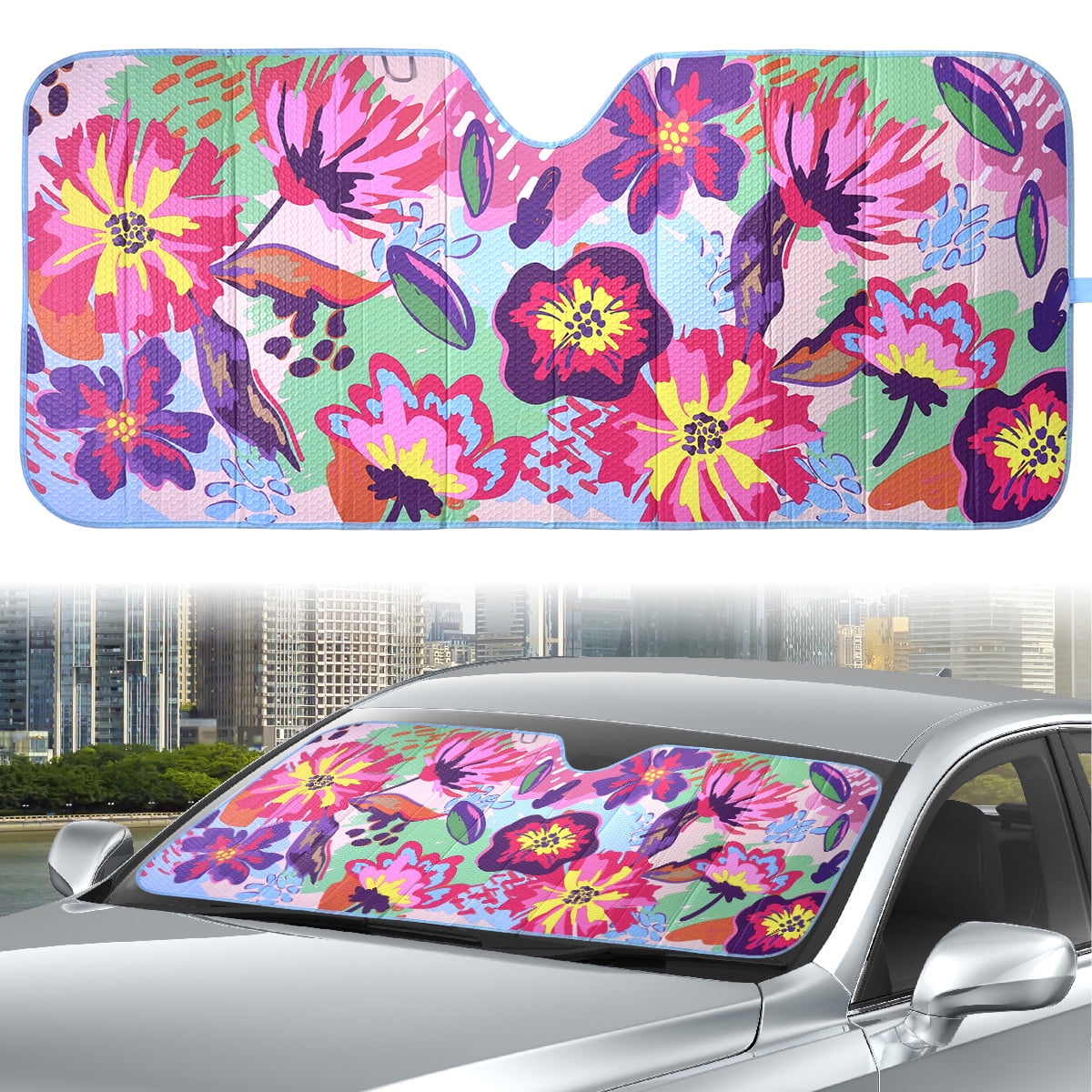 Auto Drive Windshield Floral Folding Sun Shade for Model of Sedan SUV Liftback Hatchback1 Pack, 63