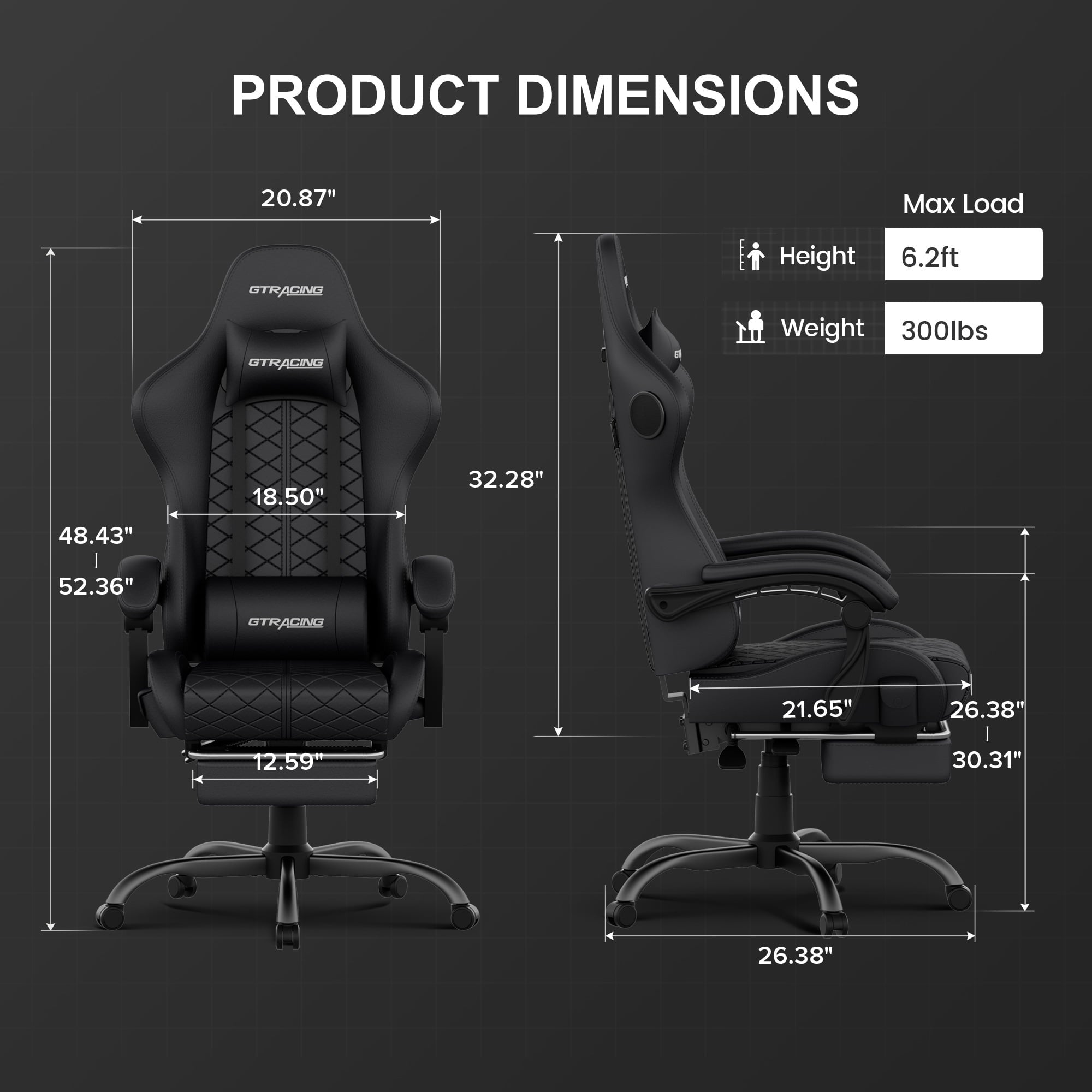 GTRACING GTW-100 Reclining Office Gaming Chair with Bluetooth Speakers and Footrest, Black