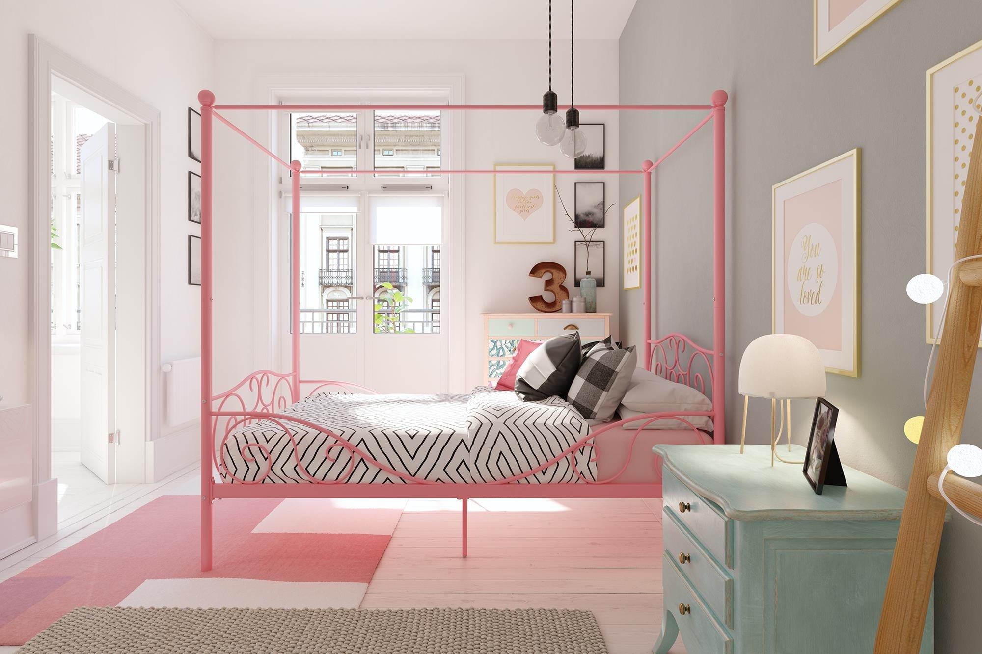 DHP Canopy Metal Bed, Twin, Pink