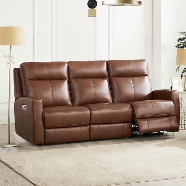 Vienna 86 in. Square Arm Top Grain Leather Rectangle Zero Gravity Power Recling Sofa in. Pecan