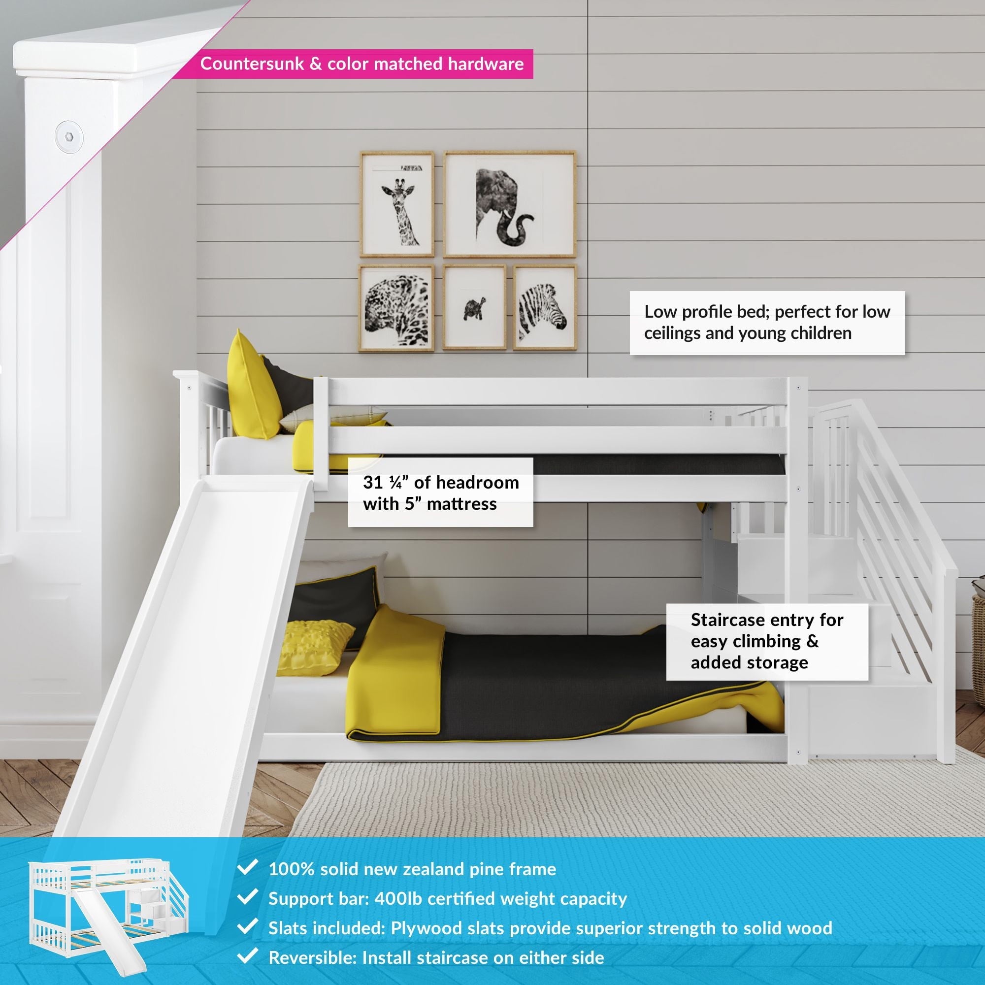 Max & Lily Wood Twin over Twin Bunk Bed for Kids with Wooden Staircase and Slide, White