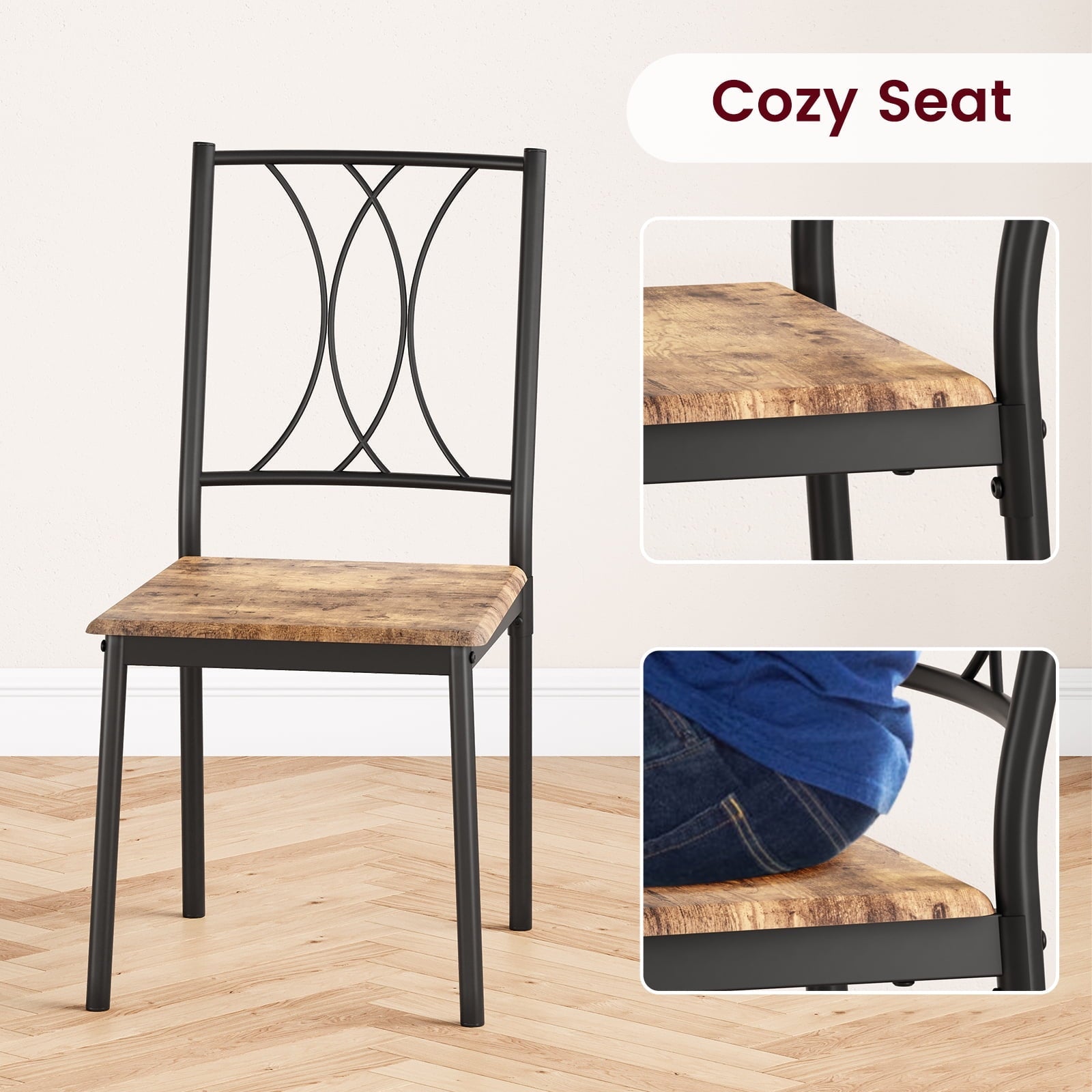 3 Piece Kitchen Table Set, Dining Table and Chairs for 2, Metal and Wood Square Dining Room Table Set with 2 Upholstered Chairs, Kitchen Table Set for Small Space, Apartment, Rustic Brown