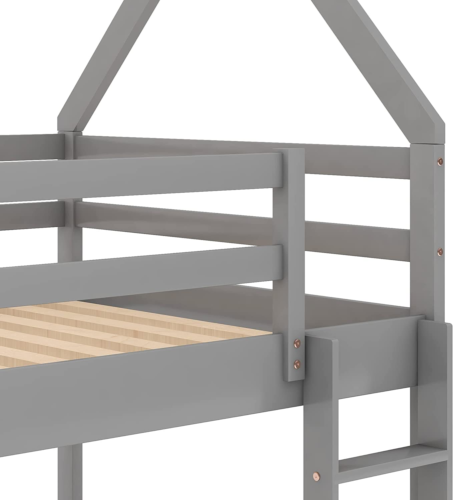 Twin over House Bunk Bed with Safety Guardrail and Ladder, Wood Loft Frame Roof