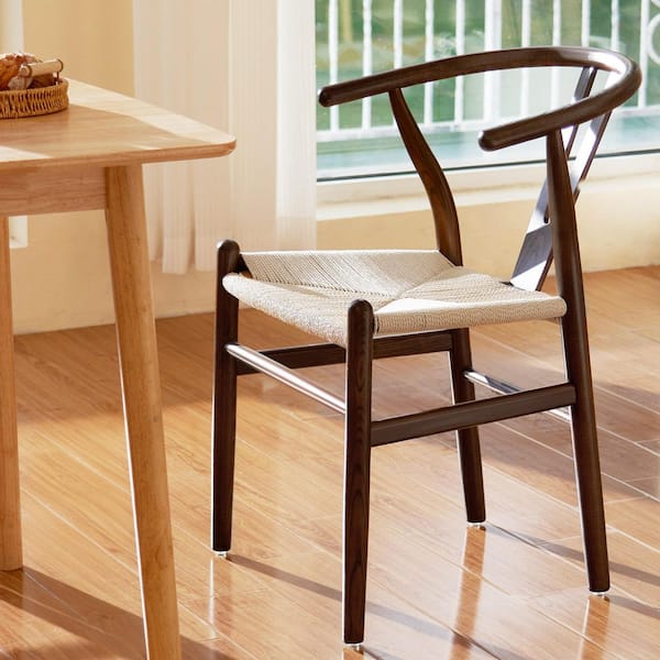 Walnut Classic Wishbone Dining Chairs with Hand-Woven Paper Cord Seats and Horseshoe Armrests (Set of 2)
