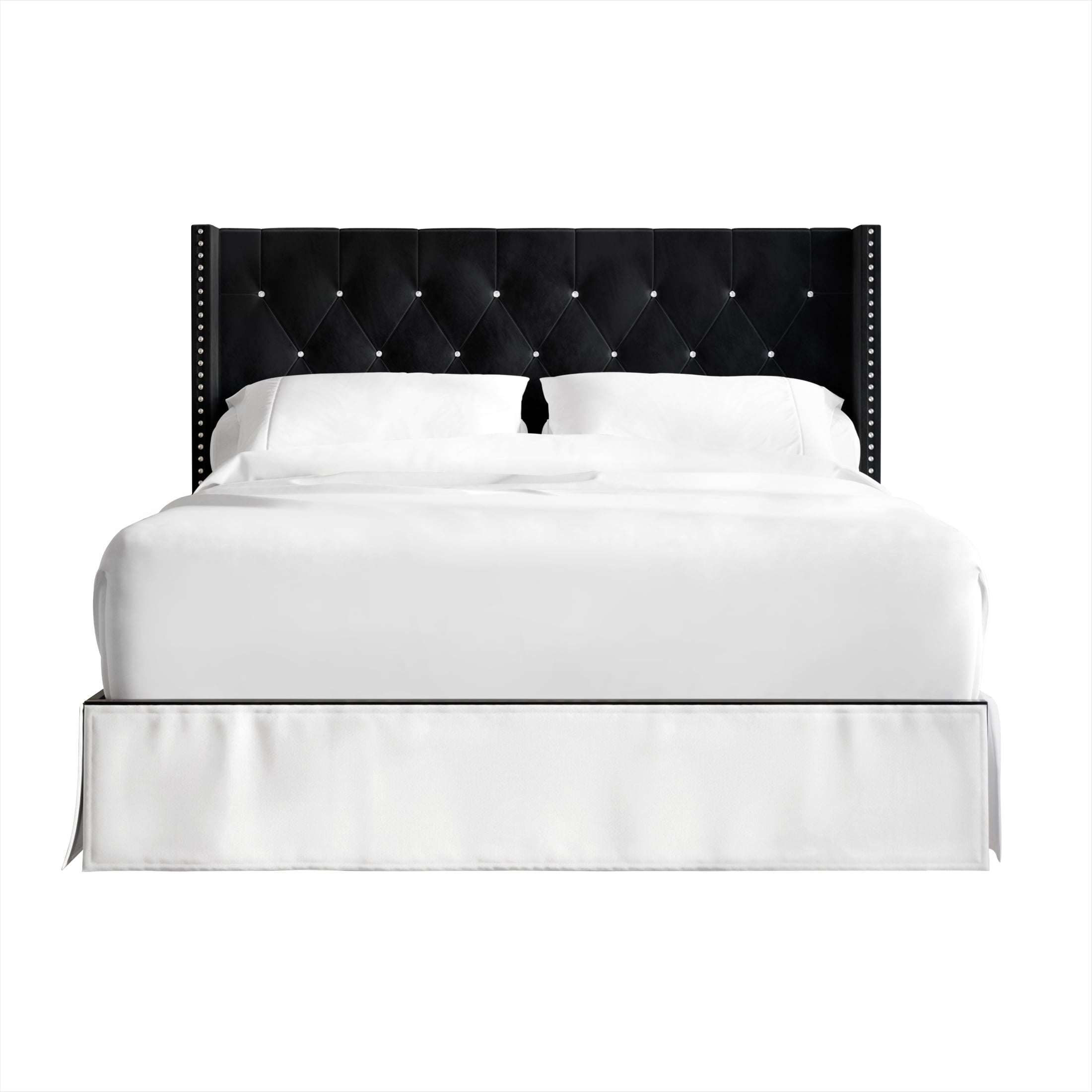 Castle Place Button Tufted Wingback Velvet Upholstered Bed, Black, Full