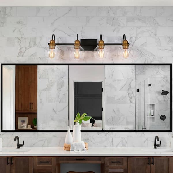 Modern Black Wall Light 29.5 in. 4-Light Bronze and Antique Gold Bathroom Brass Vanity Light with Globe Glass Shades