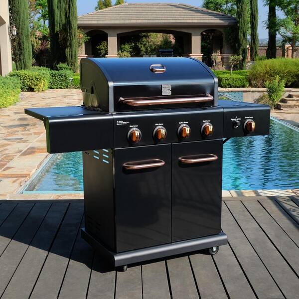 4-Burner Propane Gas Grill with Side Searing Burner in Black with Copper Accent