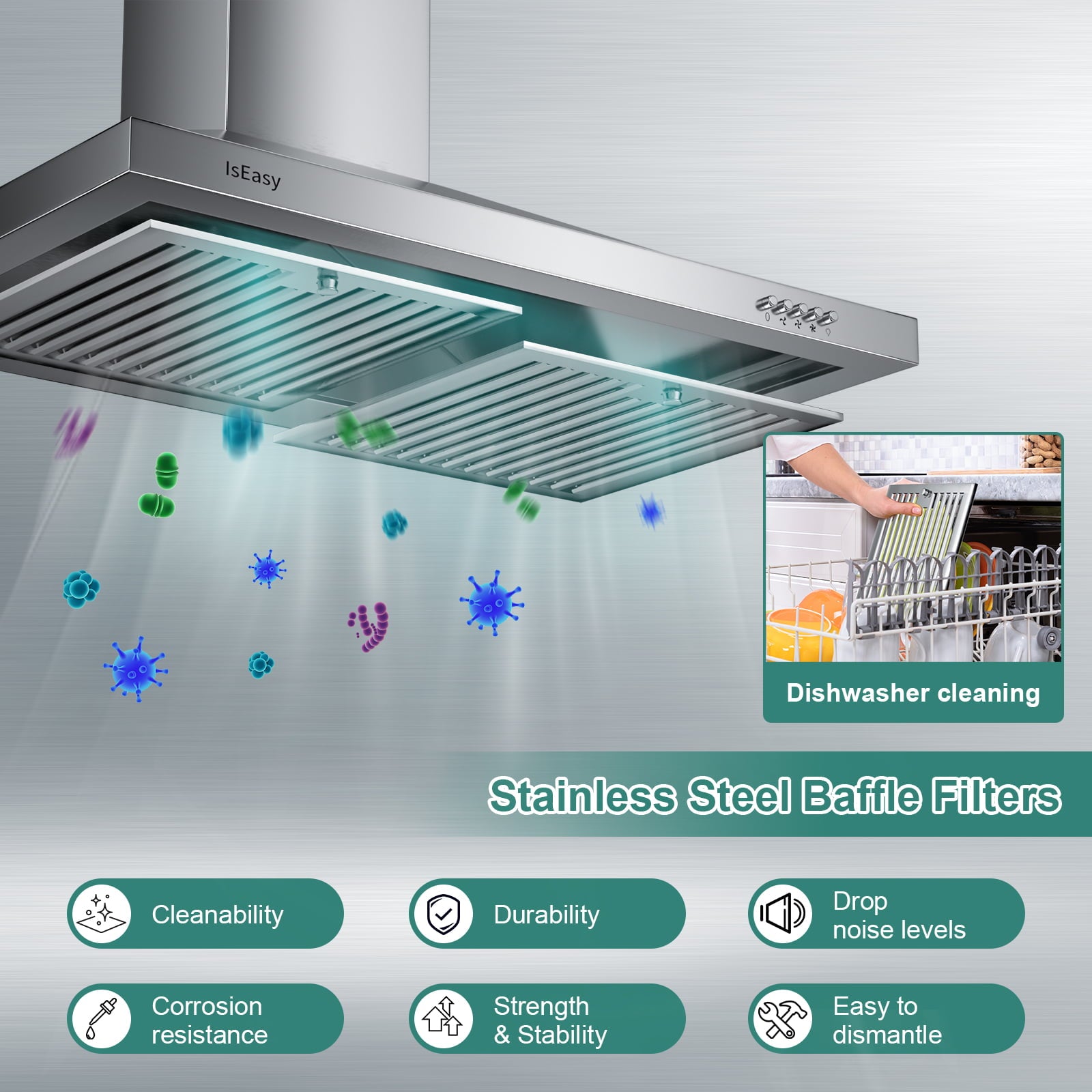 Range Hood 30 inch, IsEasy Wall Mount Vent Hood 500 CFM with Ducted Convertible Ductless Kitchen Hood in Stainless Steel, 3 Speed Exhaust Fan, LED Lights