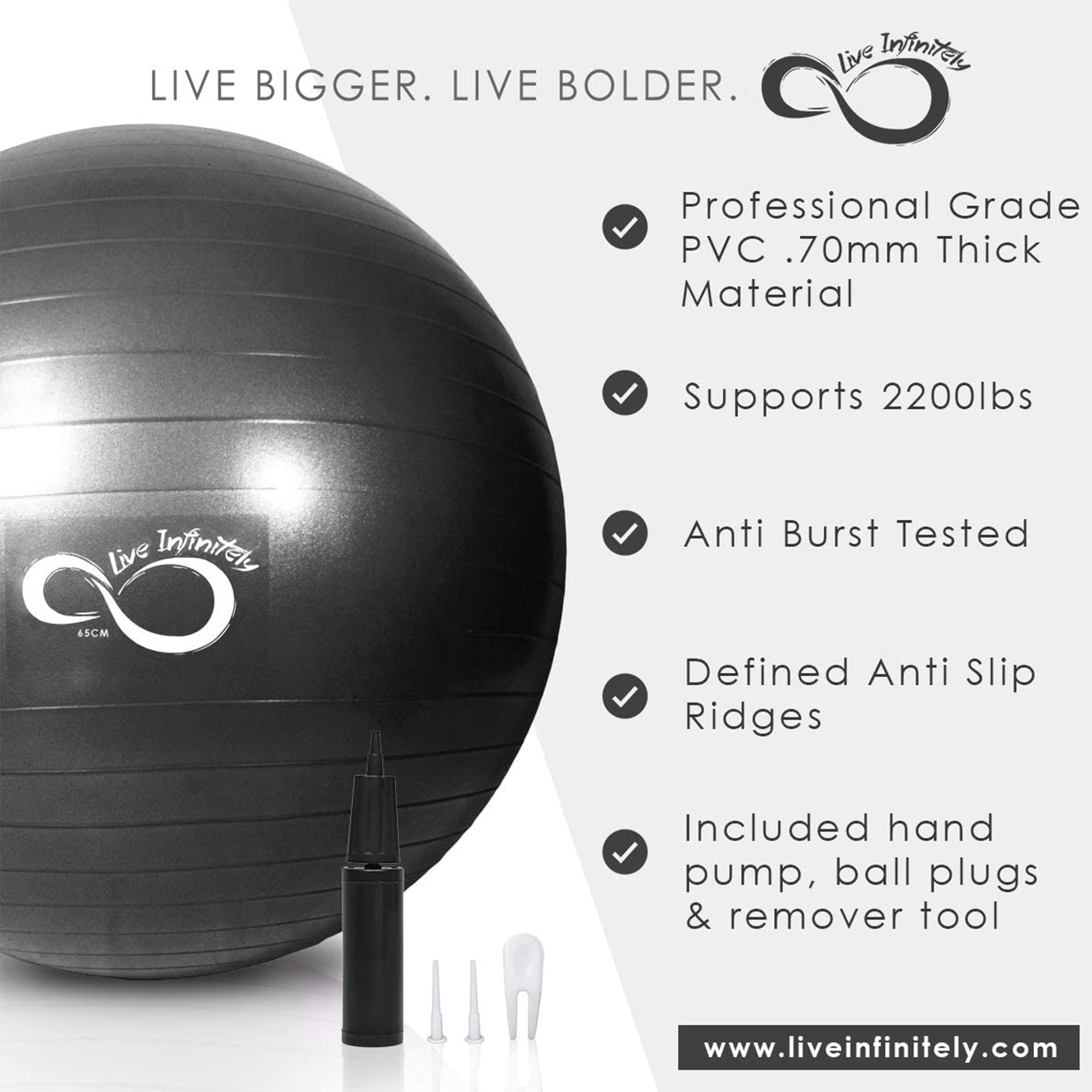 Live Infinitely Exercise Ball Extra Thick Workout Pregnancy Ball Chair for Home Workout (Black, 65cm)