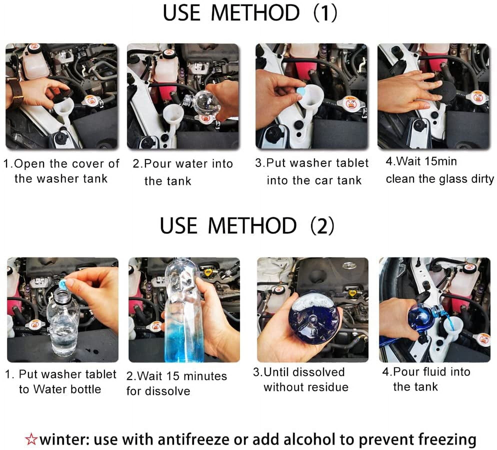 OBOSOE 100Pcs Windshield Washer Fluid Tablets,Wiper Fluid Concentrate,Washer Cleaning Tool for Car Kitchen Window, 1 Piece Makes 1.05 Gallons,100 Pcs Makes 105 Gallons(Winter: Use With Antifreeze)