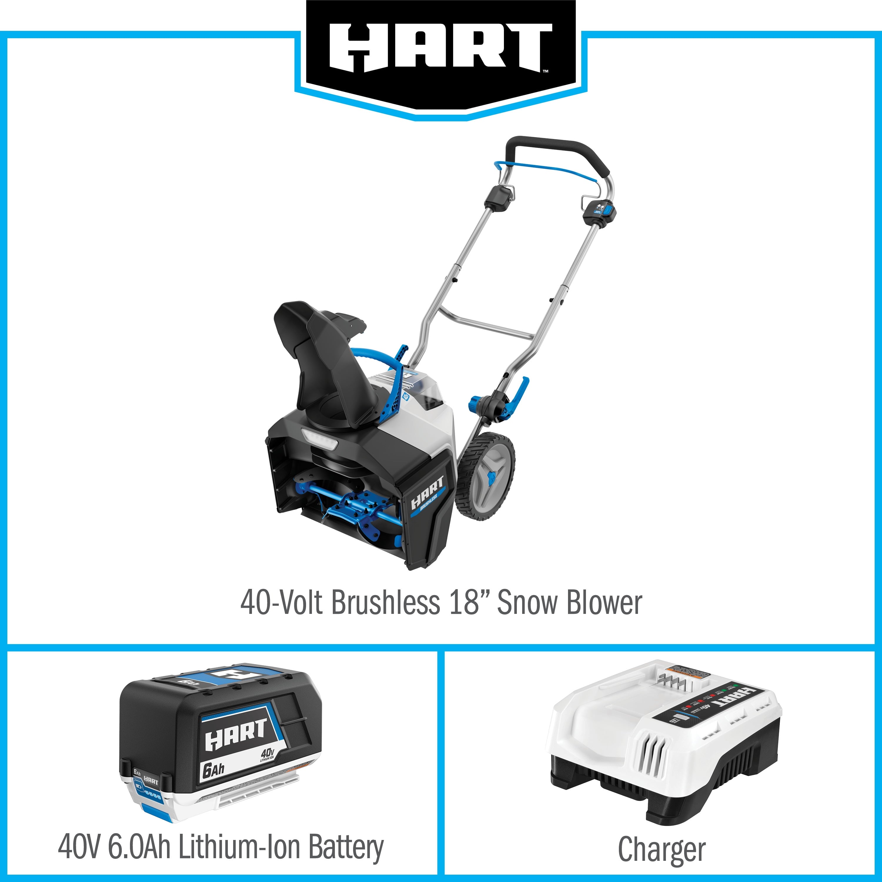 HART 40-Volt 18-inch Battery-Powered Brushless Snow Thrower Kit, (1) 6.0Ah Lithium-Ion Battery
