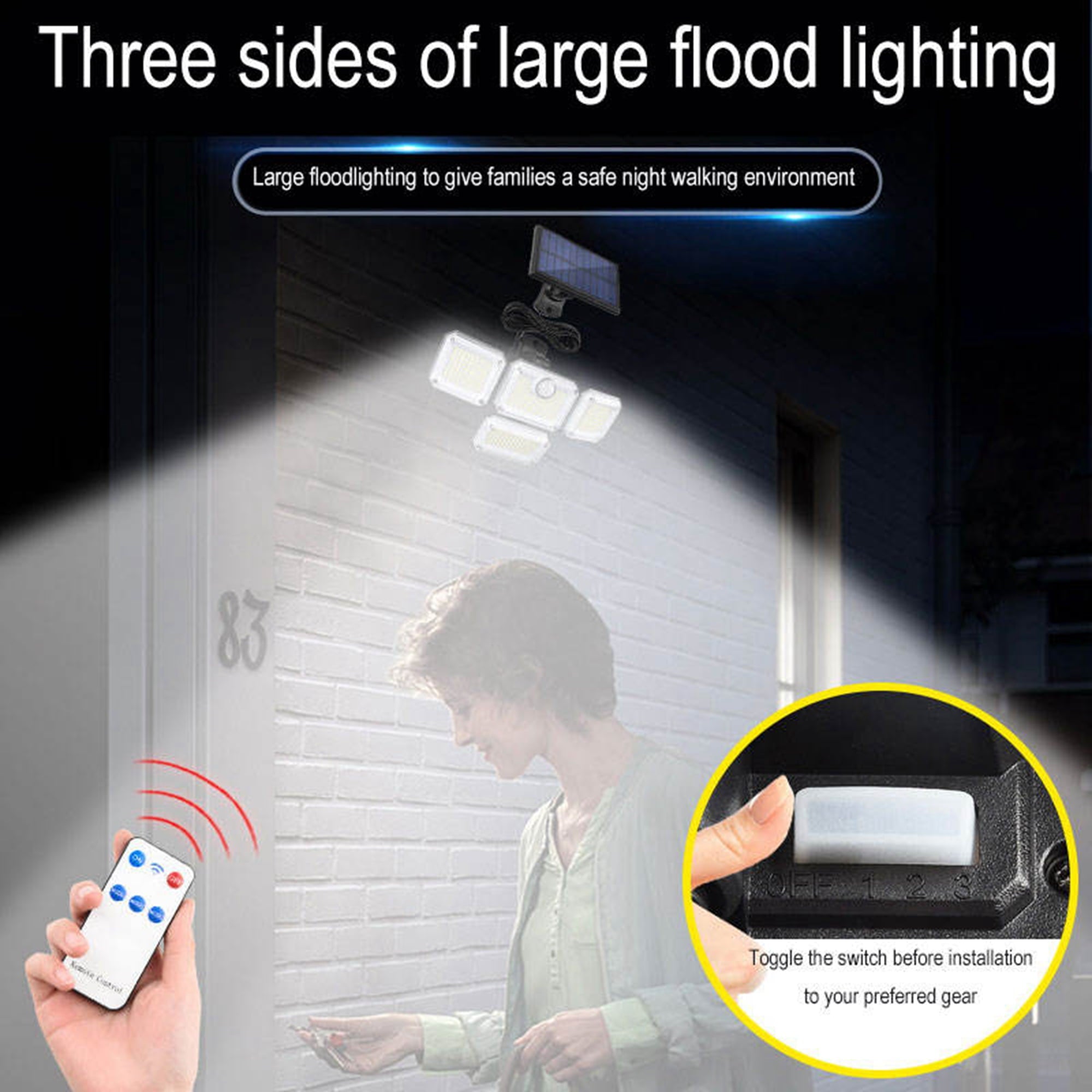 Solar Lights Outdoor Indoor Motion Sensor LED Flood Light - Solar Powered Security Lights Outside Waterproof ,4 Adjustable Heads Solar Indoor Lights For House - Led Wall light with Remote & Cord