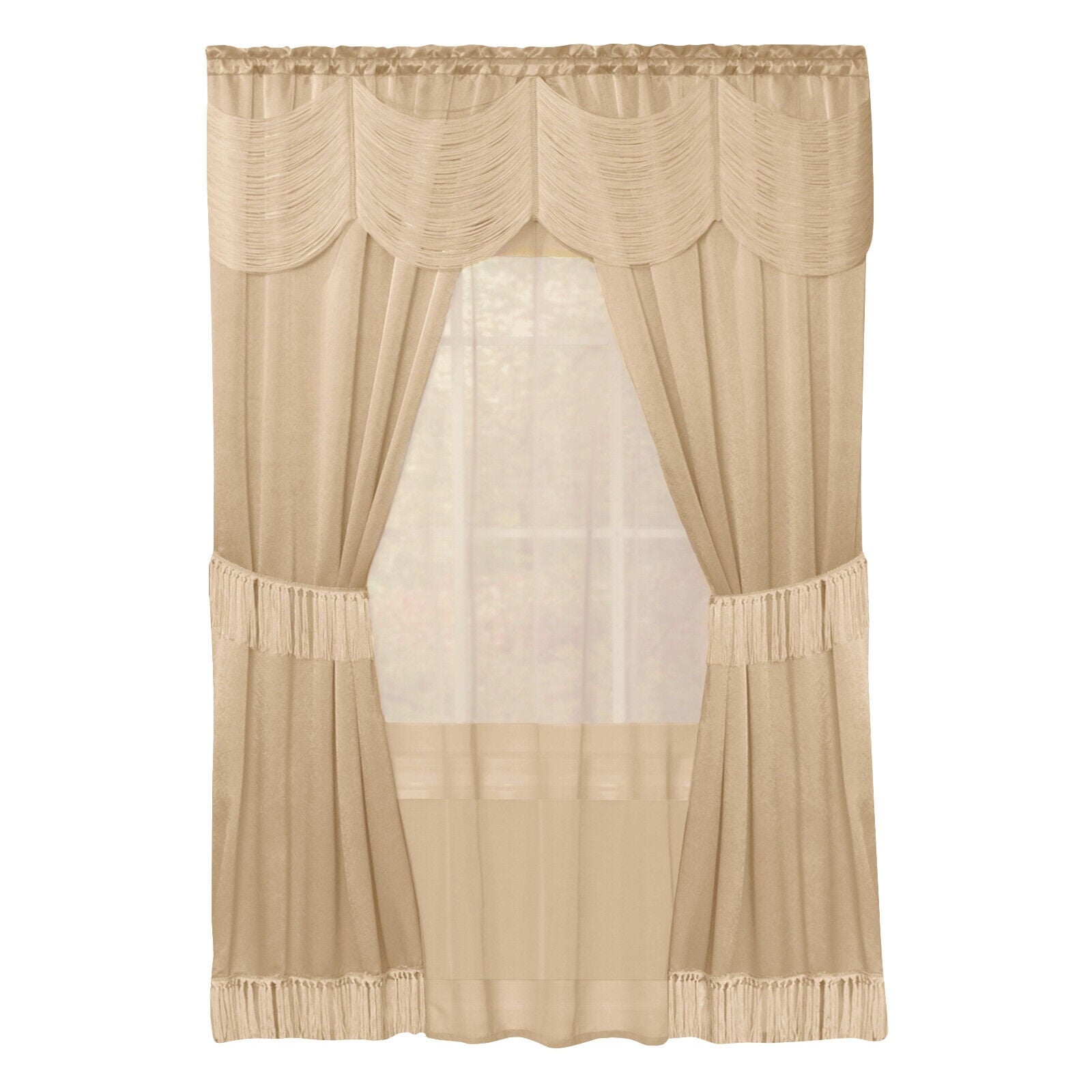 Kate Aurora Satin Chic Complete Attached Window Curtain, Tiebacks & Valance Set - Taupe, 63 in. Long
