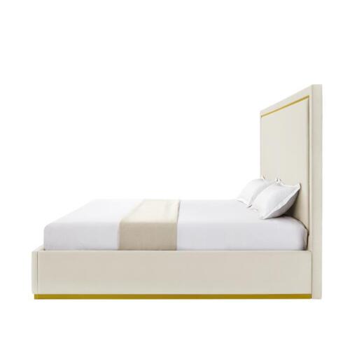 Creed Bed Beige Velvet Queen Upholstered Powder Coated Gold Frame and Base