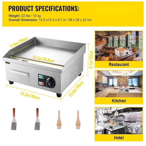 14 in. Electric Countertop Flat Top Griddle 1500-Watt Adjustable Temperature Control Non-Stick Teppanyaki Grill, Silver