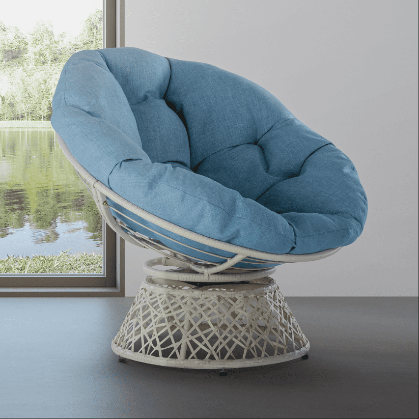 Aile 360 Swivel Comfy Papasan Chair with Fabric Cushion, Sturdy Metal Frame (Pure Pearl - White Frame)
