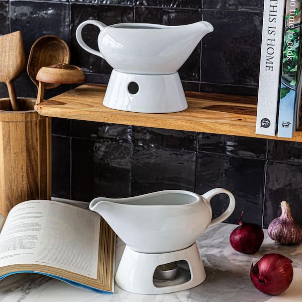 16.56 oz. White Ceramic Stoneware Gravy Boat and Warmer Stand (set of 2)