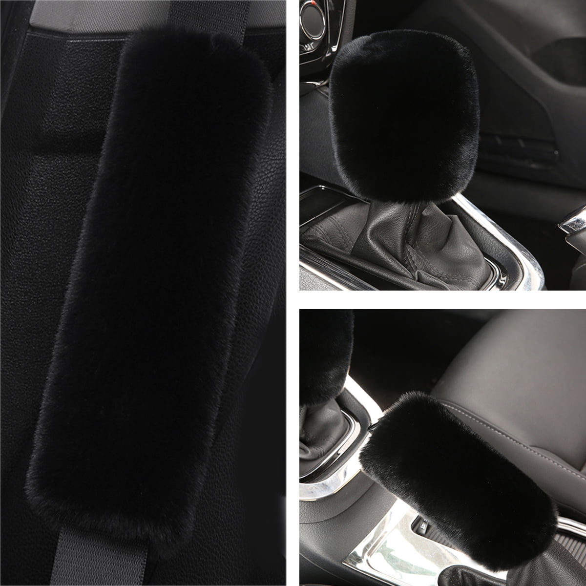 5 PCS Faux Rabbit Fur Fuzzy Steering Wheel Cover Soft Warm Winter Gear Knob Shift Handbrake Fluffy Cover Seat Belt Pads Kit Universal Fit Black Car interior Accessory for Women