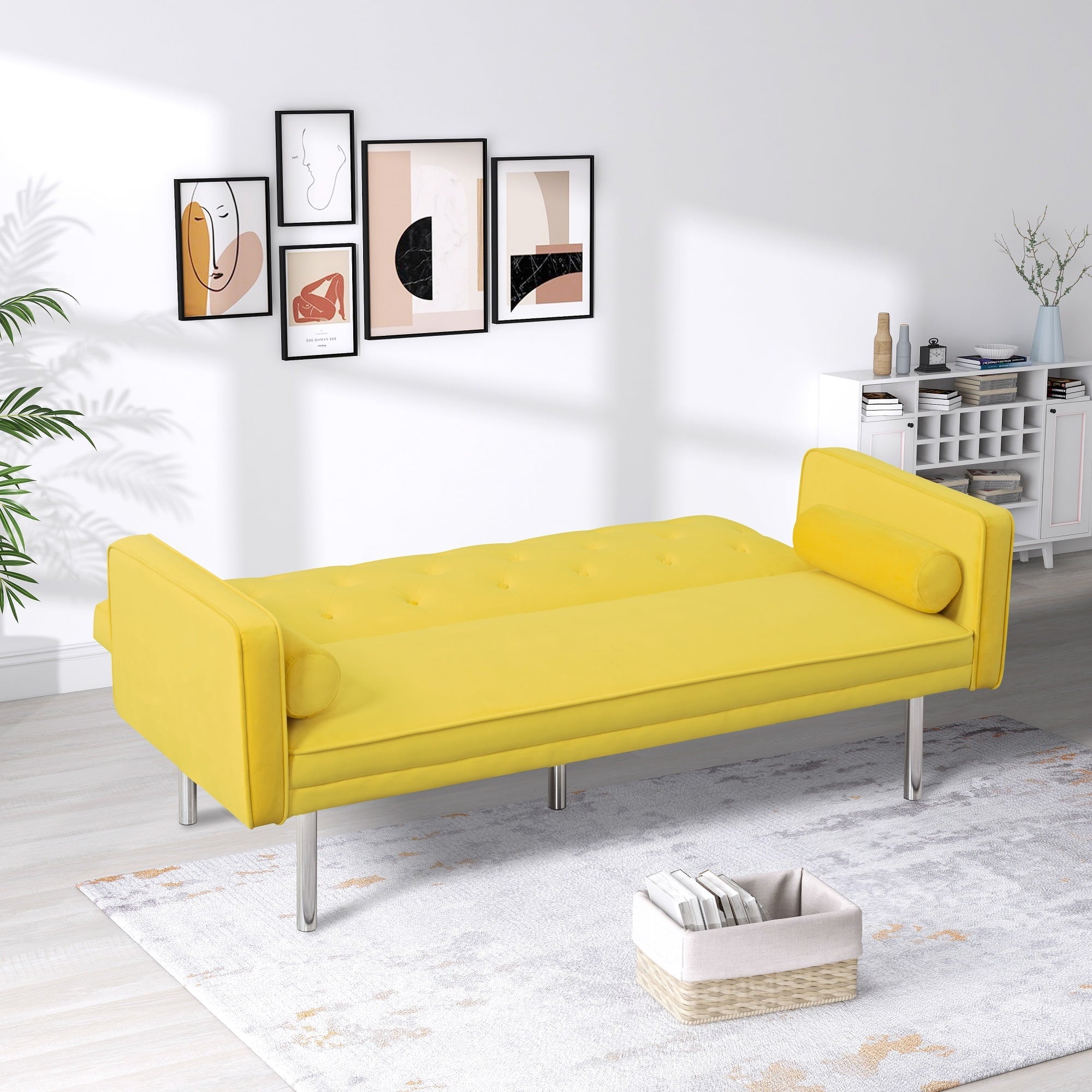 Modstyle Futon Sofa Bed, Velvet Convertible Sleeper Sofa with Pillows, Yellow