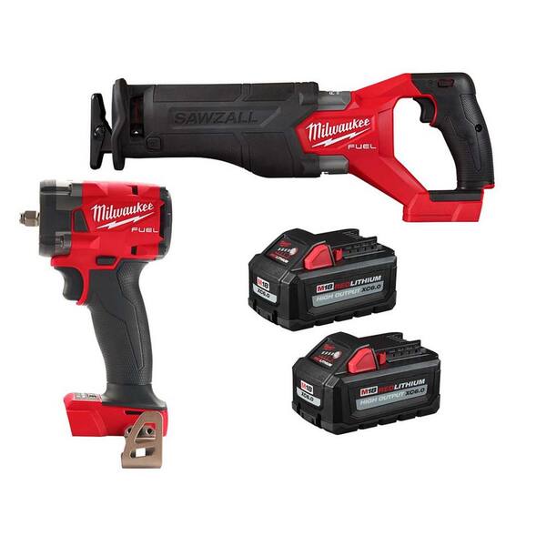 M18 FUEL GEN-2 18-Volt Lithium-Ion Brushless Cordless SAWZALL w/3/8 in. Impact Wrench w/F Ring, Two 6 Ah HO Batteries