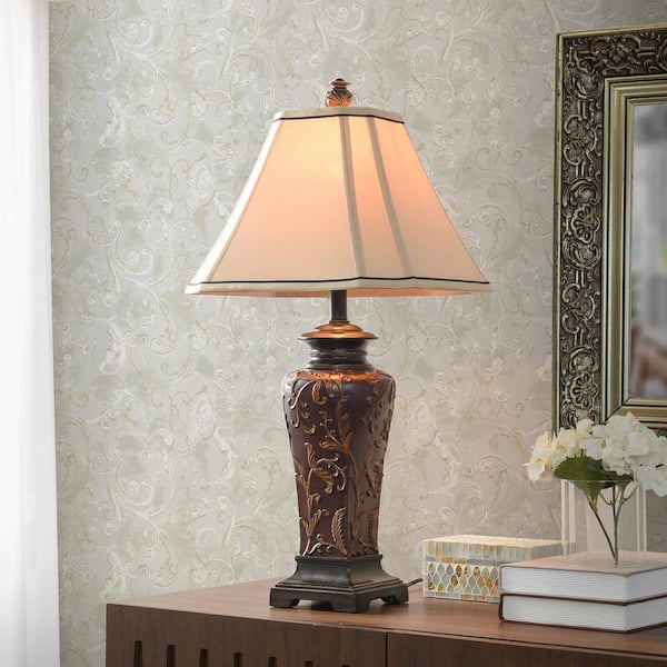 30 in. Burgundy Table Lamp with Cream Fabric Shade