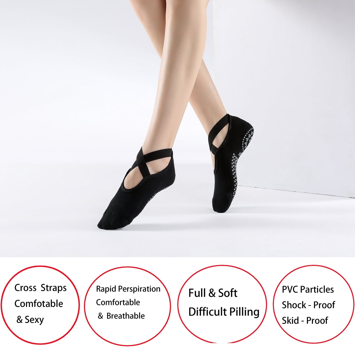 Yoga Socks for Women 3 Pairs Non-Slip Grips & Straps，Clasped Pilates Socks for Ballet Pilates Barre Dance or at Home Barefoot Workout for Added Balance and Stability