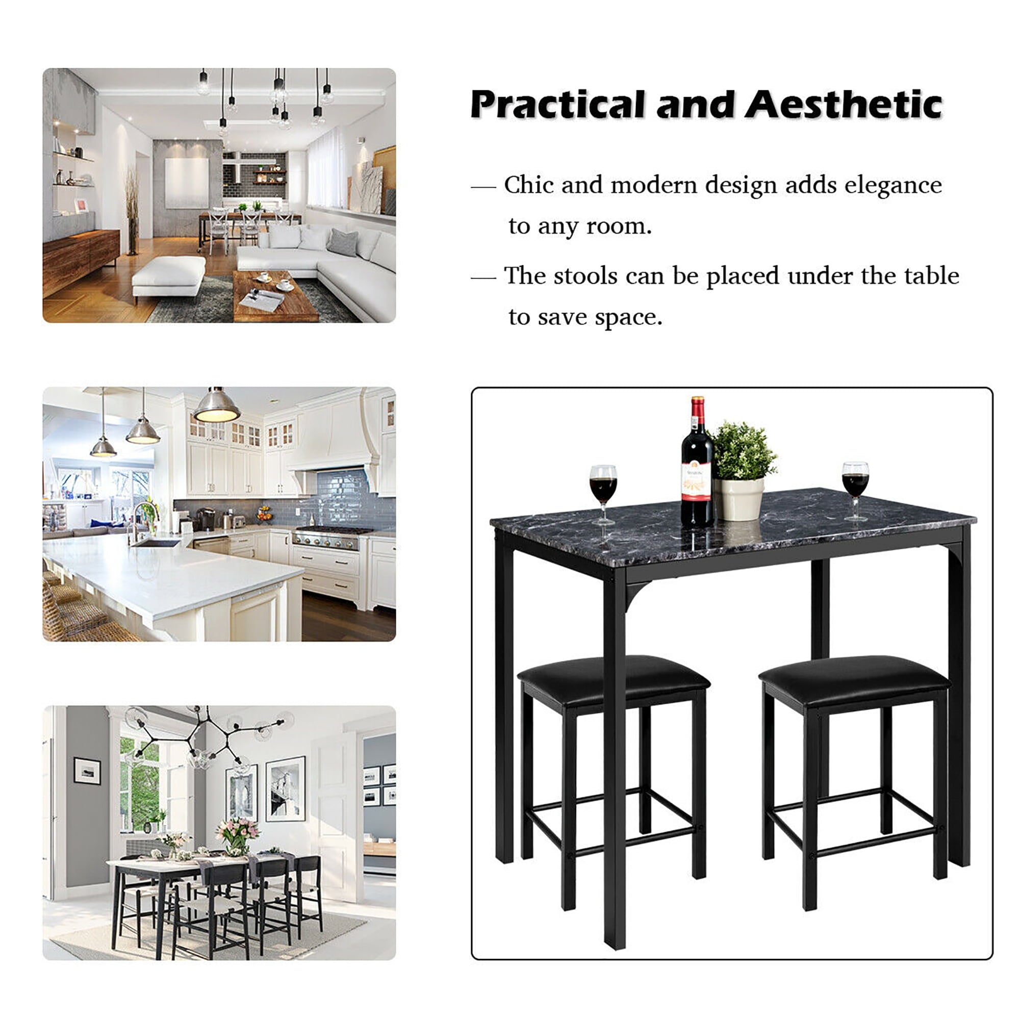 Costway 3 Piece Counter Height Dining Set Faux Marble Table 2 Chairs Kitchen Bar Black