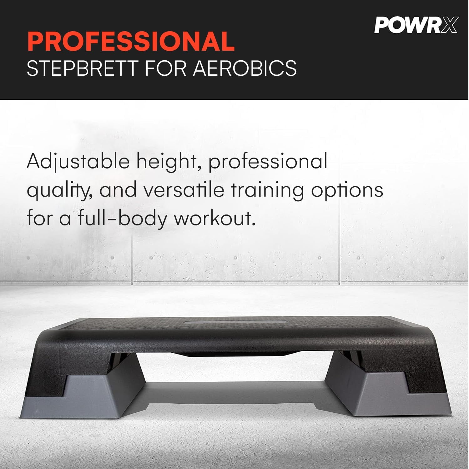 POWRX Professional Aerobic Stepping Board - Adjustable Height up to 10'', Fitness Stepper Stepbench Step, 35'' x 13.3'', Black - Ideal Step Up Exercise Platform