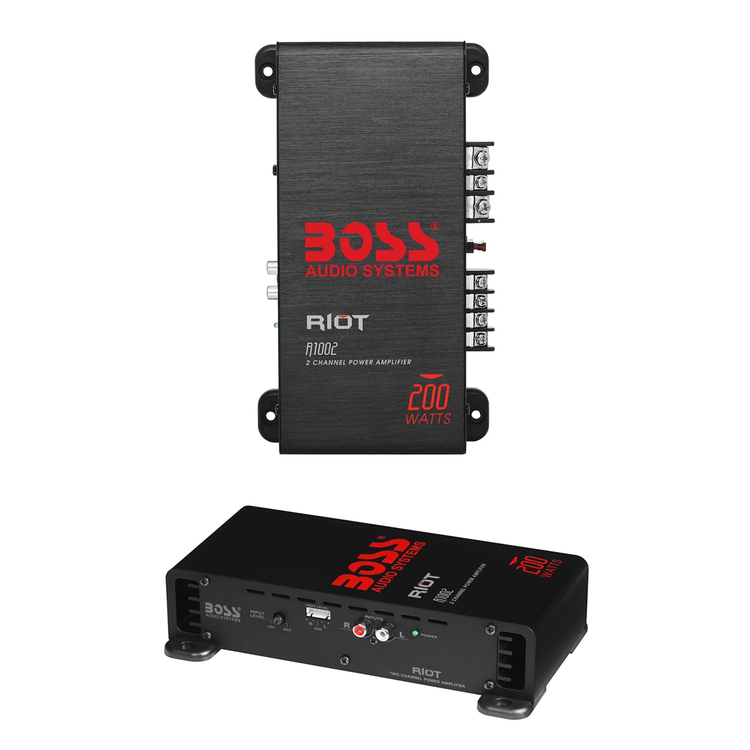 BOSS Audio Systems R1002 Riot Series Car Audio Stereo Amplifier - 200 High Output, 2 Channel, Class A/B, 2/4 Ohm Stable, Low/High Level Inputs, Full Range, Subwoofer