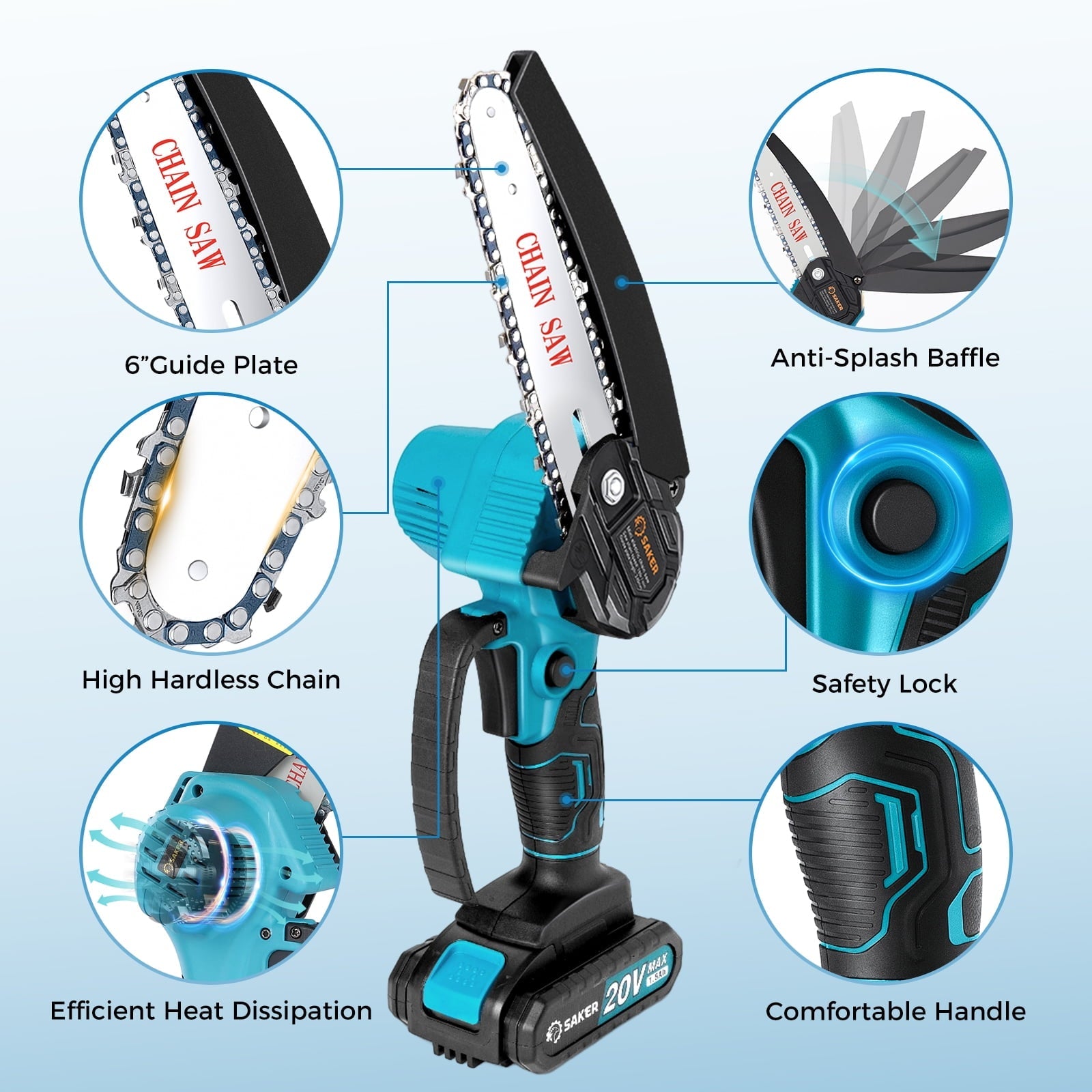 Saker 6 Inch Mini Chainsaw, Handheld Pruning Chainsaw, Electric Cordless Chainsaw for Tree Branches, Courtyard, Household & Garden, With 2PCS 20V 1500mAh Batteries & 3 PCS Chains