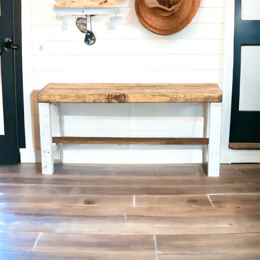 Rustic Bella Two Tone Real Solid Wood Entryway Accent Bench, White and Walnut