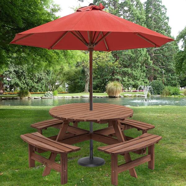 70.07 in. W Brown Solid Wood 8 Person Wooden Picnic Table Garden DIY w/4 Built-in Benches