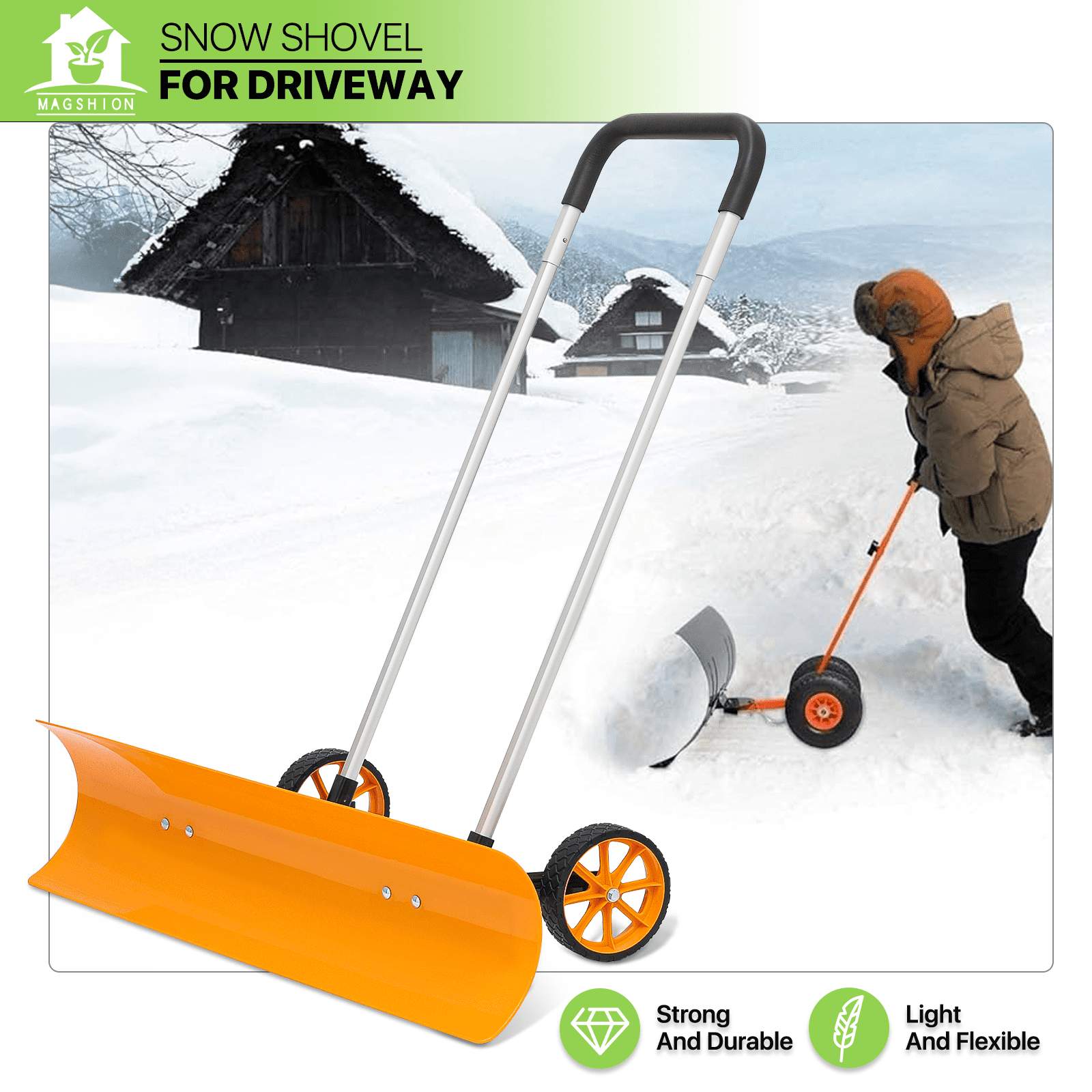Magshion Snow Shovel with Wheels, 37.5 inch Wide Rolling Snow Plow Pusher Shovel with Adjustable Aluminum Handle, Snow Removal Tool for Driveway Garden Pavement, Orange