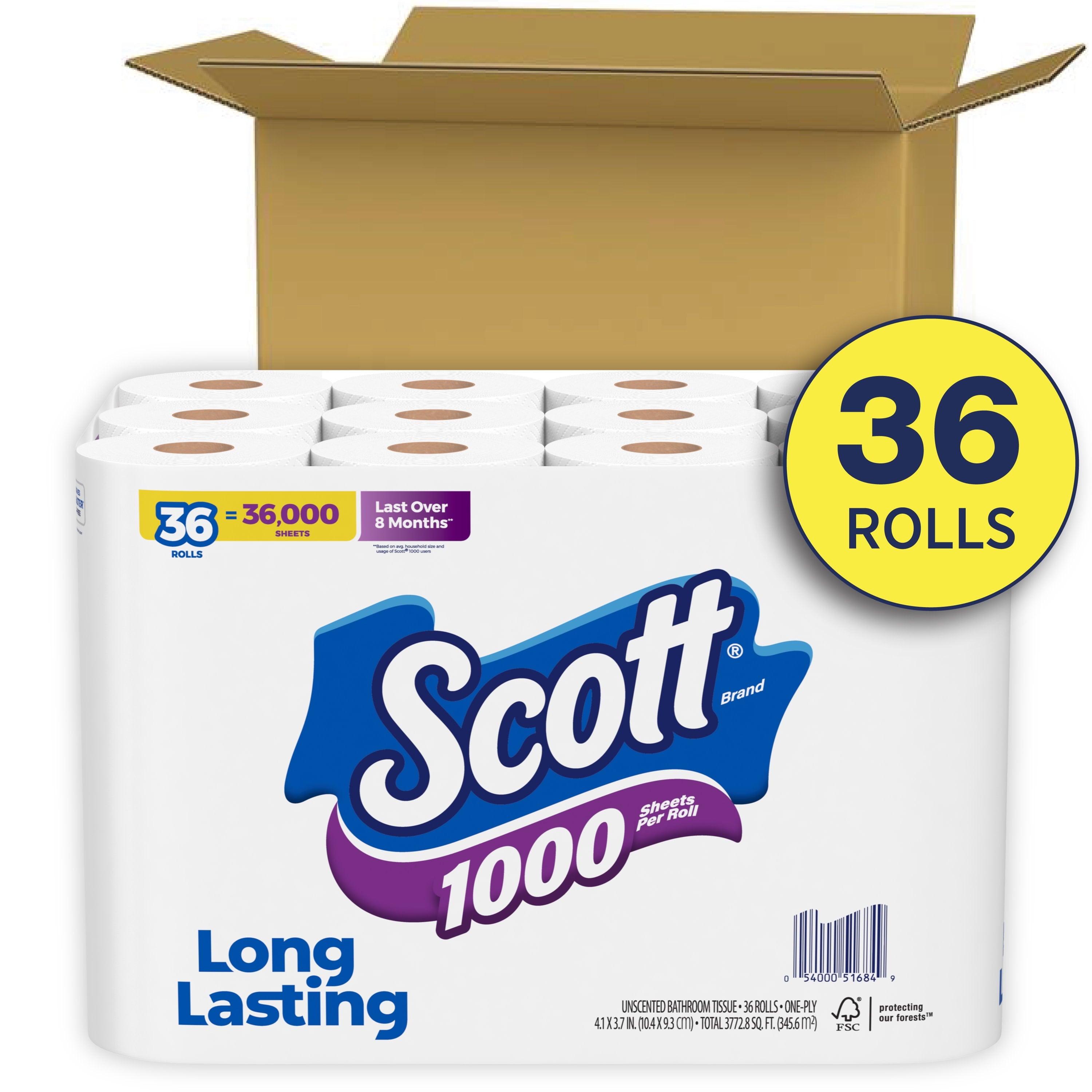 Scott 1000 Toilet Paper, 36 Rolls, 1000 Sheets Per Roll (36000 Sheets Total)