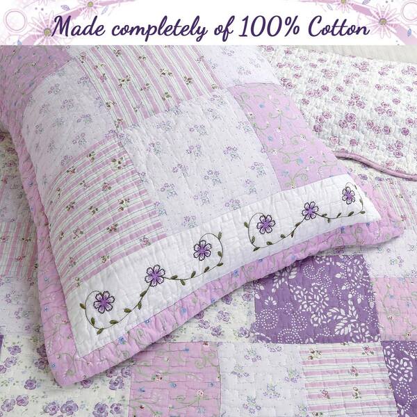 Love of Lilac 3-Piece Lavender Floral Orchid Square Patchwork Ruffle Purple Cotton King Quilt Bedding Set